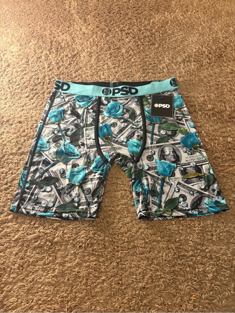PSD Teal Rose & Money-Print Athletic Shorts